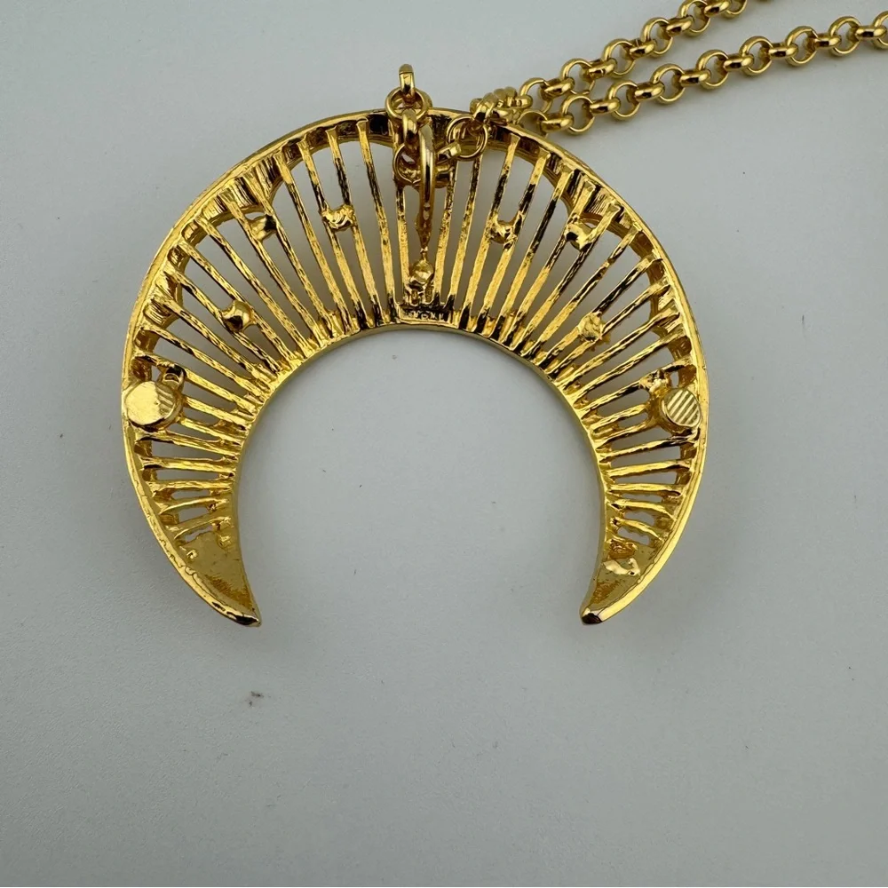 Sparkling Gold Tone Crescent Moon Pendant Necklace | Celestial | Statement - Picture 6 of 11